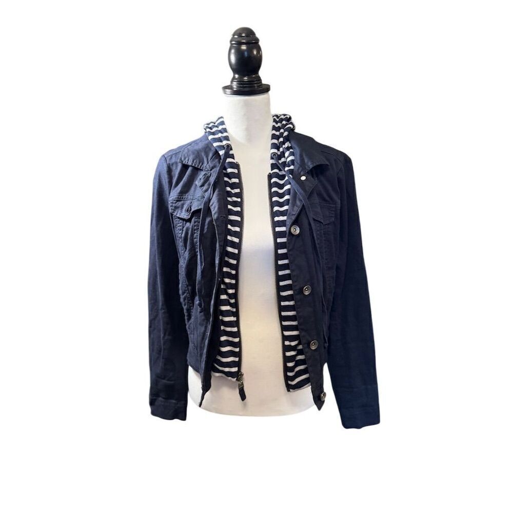 Splendid Women's Blue Denim Jacket Striped Hood. Size Small. - Picture 5 of 16
